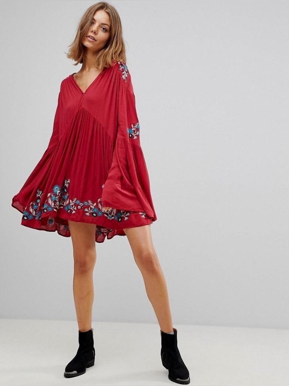 Free People Red Embroidered Dress Western Boho Bell Sleeve Gauzy